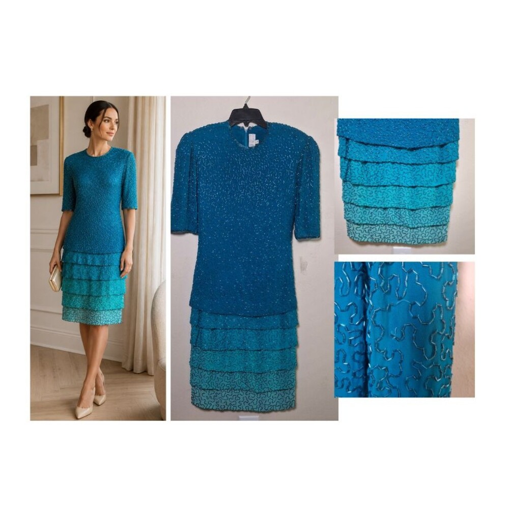 Vintage Liza Carr Fully Beaded Cocktail Dress Teal Blue Ombre Art Deco Gatsby